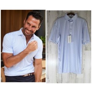 Collars & Co Mens Polo Shirt Large Dress Collar Thin Blue Check Windowpane NWT